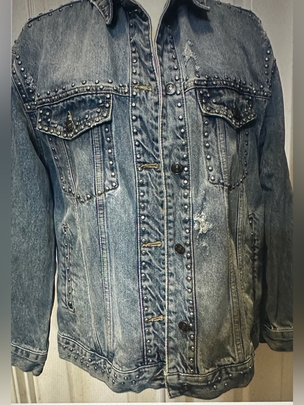 Free People Jean Jacket Denim Silver Studded Long Sleeve Y2K Size Small